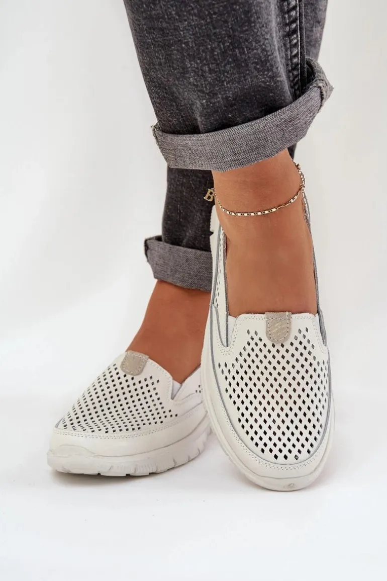 Lekkie Skórzane Ażurowe Mokasyny Damskie Na Platformie Białe Tanelora