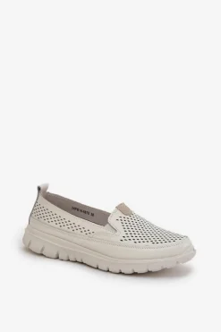 Lekkie Skórzane Ażurowe Mokasyny Damskie Na Platformie Białe Tanelora