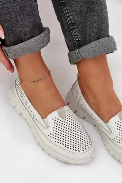 Lekkie Skórzane Ażurowe Mokasyny Damskie Na Platformie Białe Tanelora