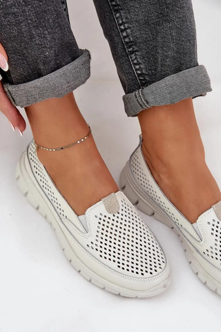 Lekkie Skórzane Ażurowe Mokasyny Damskie Na Platformie Białe Tanelora