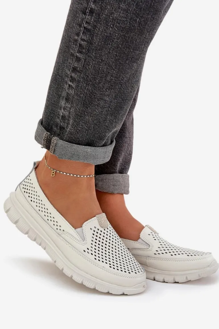 Lekkie Skórzane Ażurowe Mokasyny Damskie Na Platformie Białe Tanelora
