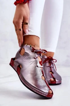 Lekkie Skórzane Botki Maciejka 03426-20 Srebrno-Czerwone