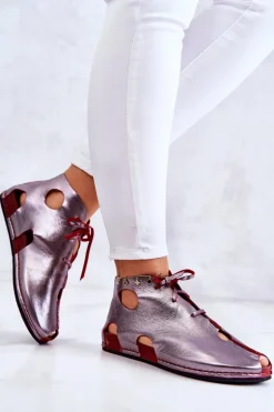 Lekkie Skórzane Botki Maciejka 03426-20 Srebrno-Czerwone