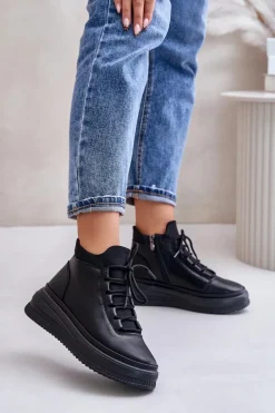 Lekkie Skórzane Buty Sportowe Na Platformie Artiker 55C1041 Czarne