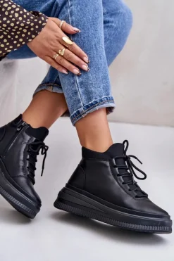 Lekkie Skórzane Buty Sportowe Na Platformie Artiker 55C1041 Czarne