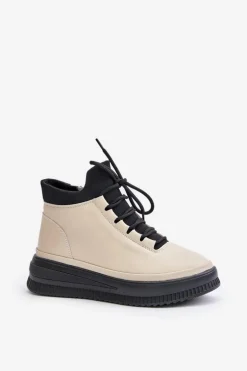 Lekkie Skórzane Buty Sportowe Na Platformie Artiker 55C0554 Beżowe