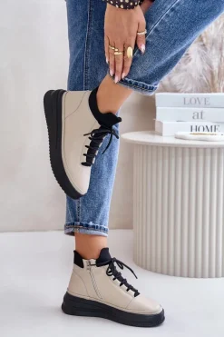 Lekkie Skórzane Buty Sportowe Na Platformie Artiker 55C0554 Beżowe