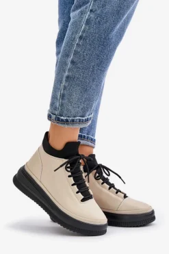 Lekkie Skórzane Buty Sportowe Na Platformie Artiker 55C0554 Beżowe