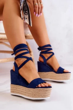 Lekkie Wiązane Sandały Na Koturnie Granatowe Marriett