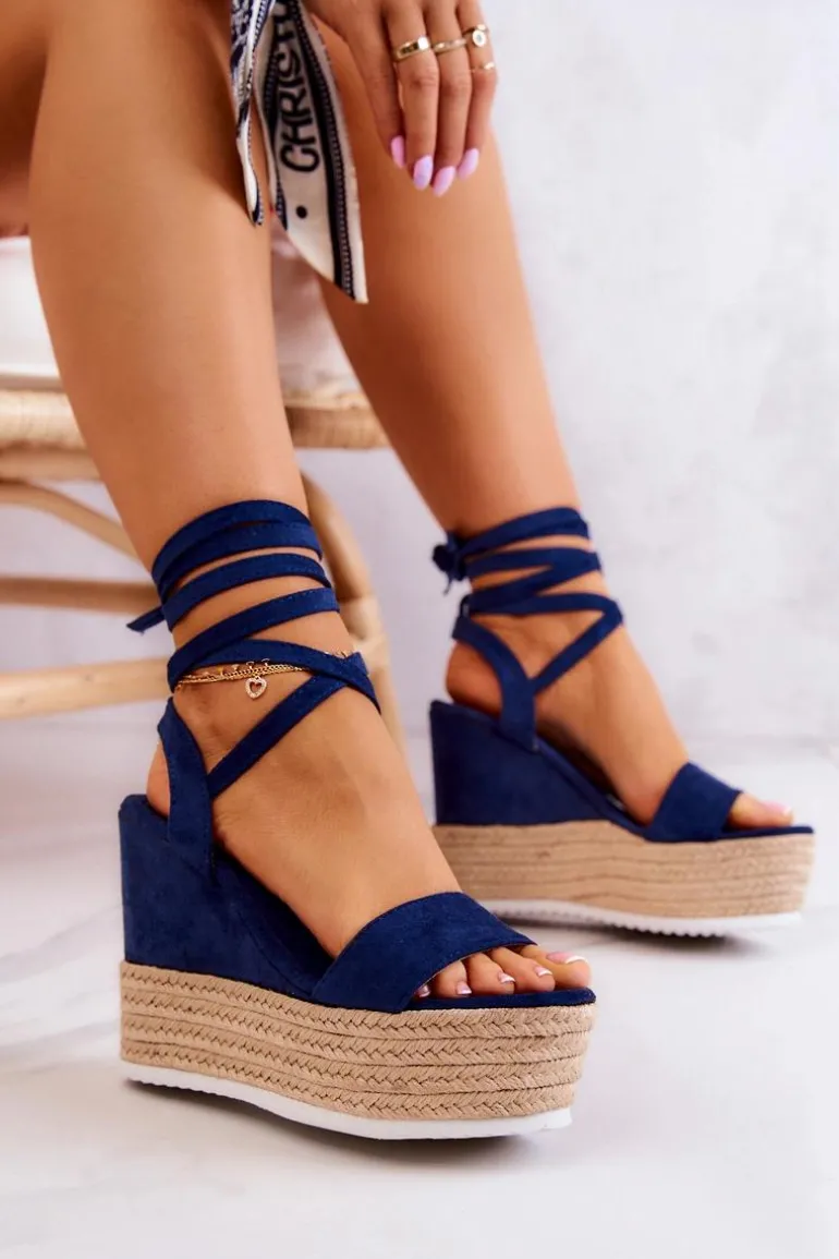 Lekkie Wiązane Sandały Na Koturnie Granatowe Marriett