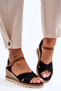 Lekkie Zamszowe Sandały Na Koturnie Czarne Celine