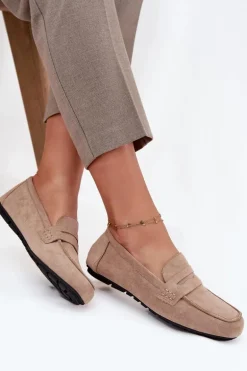 Loafersy Mokasyny Damskie Płaskie Beżowe Roseline