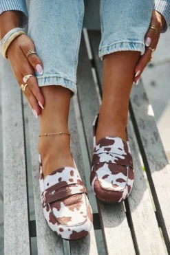 Loafersy Mokasyny Damskie Płaskie W Łaty Brązowo-Białe Roseline