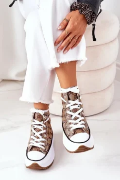 Logowane Trampki Na Platformie Brązowe Electric Love