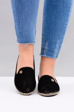 Lu Boo | Czarne Ażurowe Balerinki Lordsy Stylish