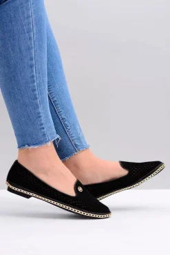 Lu Boo | Czarne Ażurowe Balerinki Lordsy Stylish