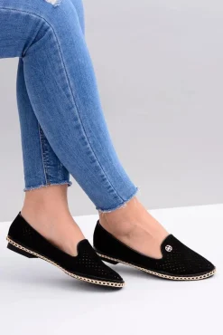 Lu Boo | Czarne Ażurowe Balerinki Lordsy Stylish