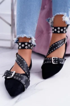 Lu Boo | Czarne Baleriny Paski Nity W Szpic Esteria