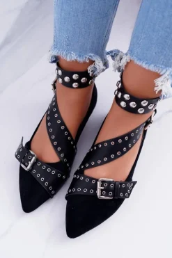 Lu Boo | Czarne Baleriny Paski Nity W Szpic Esteria