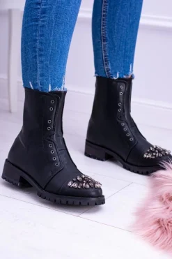 Lu Boo | Czarne Damskie Botki Za Kostkę z Cyrkoniami Carrie