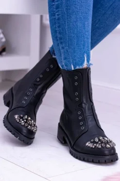 Lu Boo | Czarne Damskie Botki Za Kostkę z Cyrkoniami Carrie