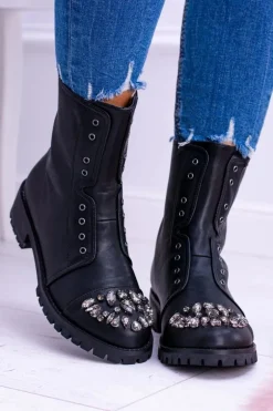 Lu Boo | Czarne Damskie Botki Za Kostkę z Cyrkoniami Carrie