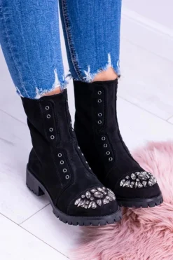Lu Boo | Czarne Damskie Botki Za Kostkę Cyrkonie Zamsz Carrie