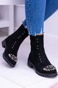 Lu Boo | Czarne Damskie Botki Za Kostkę Cyrkonie Zamsz Carrie