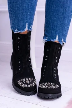 Lu Boo | Czarne Damskie Botki Za Kostkę Cyrkonie Zamsz Carrie