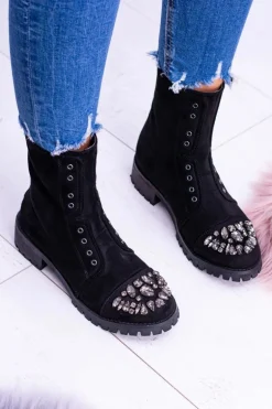 Lu Boo | Czarne Damskie Botki Za Kostkę Cyrkonie Zamsz Carrie