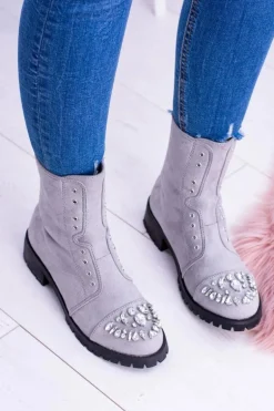 Lu Boo | Szare Damskie Botki Za Kostkę z Cyrkoniami Carrie