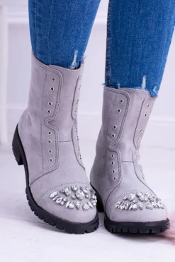 Lu Boo | Szare Damskie Botki Za Kostkę z Cyrkoniami Carrie
