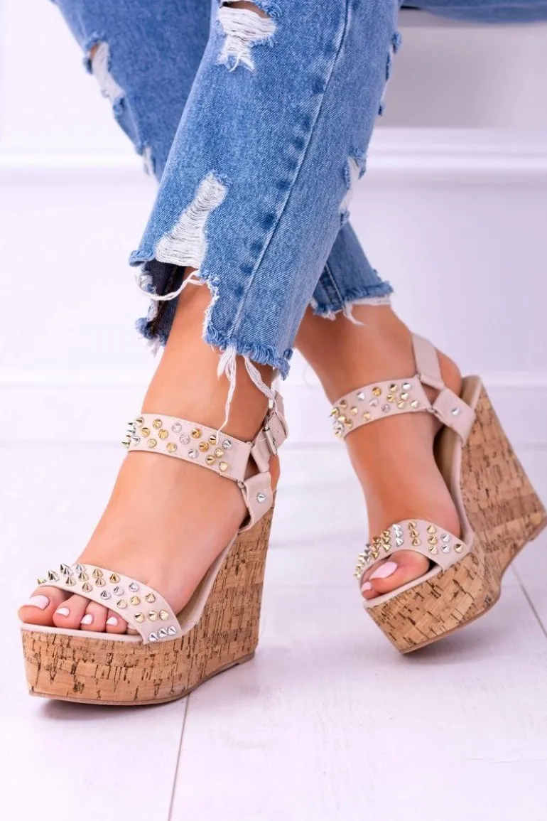 Lu Boo Beżowe Damskie Sandały Na Koturnie Ćwieki Valeria