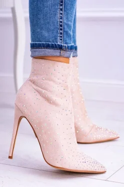 Lu Boo Beżowe Wysokie Zamszowe Botki na Szpilce Cyrkonie Cubano