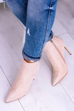 Lu Boo Beżowe Wysokie Zamszowe Botki na Szpilce Cyrkonie Cubano