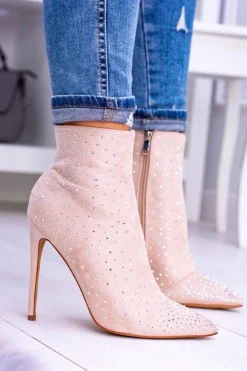 Lu Boo Beżowe Wysokie Zamszowe Botki na Szpilce Cyrkonie Cubano