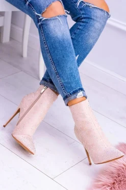 Lu Boo Beżowe Wysokie Zamszowe Botki na Szpilce Cyrkonie Cubano