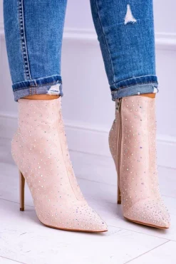 Lu Boo Beżowe Wysokie Zamszowe Botki na Szpilce Cyrkonie Cubano