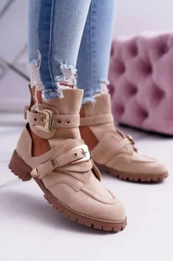 Lu Boo Beżowe Zamszowe Botki Z Wycięciami Rock Girl