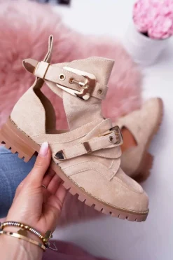 Lu Boo Beżowe Zamszowe Botki Z Wycięciami Rock Girl