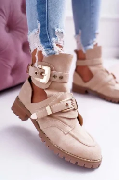 Lu Boo Beżowe Zamszowe Botki Z Wycięciami Rock Girl