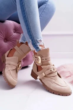 Lu Boo Beżowe Zamszowe Botki Z Wycięciami Rock Girl