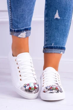 Lu Boo Białe Trampki z Błyszczącymi Kryształami