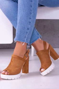 Lu Boo Brązowe Zamszowe Sandały na Słupku Emare