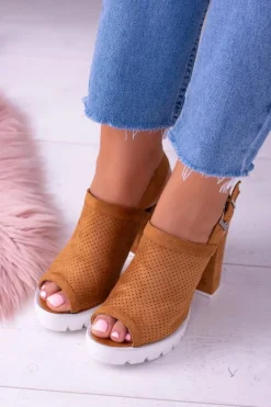 Lu Boo Brązowe Zamszowe Sandały na Słupku Emare