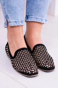 Lu Boo Czarne Ażurowe Baleriny Lordsy Ćwieki Carmar