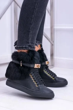 Lu Boo Czarne Botki z Naturalnym Futrem Gisele