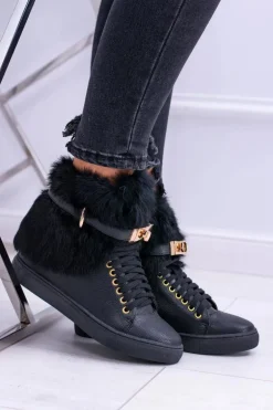 Lu Boo Czarne Botki z Naturalnym Futrem Gisele