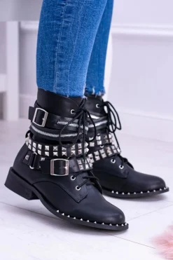 Lu Boo Czarne Botki z Ćwiekami Zamek Klamry