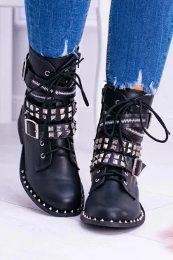 Lu Boo Czarne Botki z Ćwiekami Zamek Klamry